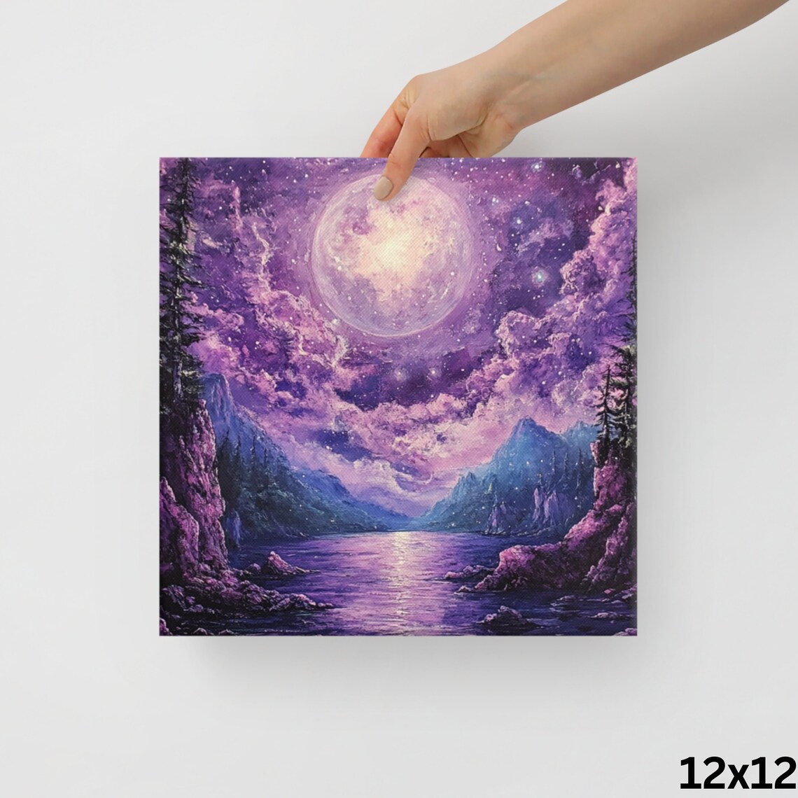 Purple Full Moon Over Mountain Lake Starry Night Sky Canvas Wall Art - Image 2