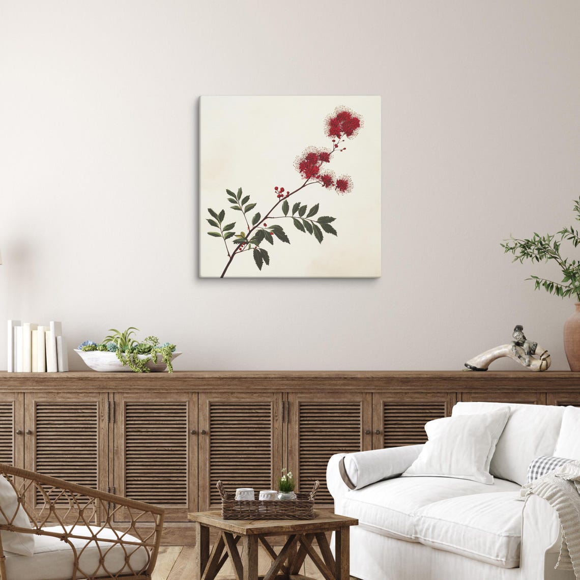 Red Powder Puff Flowers Leafy Branch Botanical Floral Art Poster - Image 5