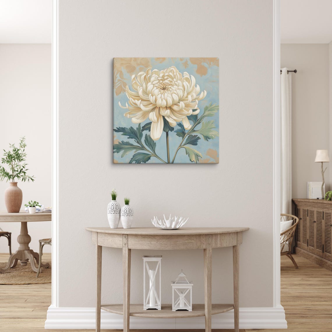 White Chrysanthemum Bloom Blue Gray Vintage Botanical Art Print Poster - Image 4
