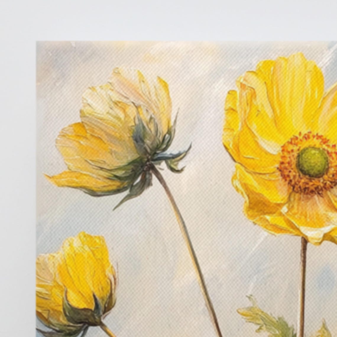 Yellow Globeflowers Tall Stems Blue Sky Floral Painting Print - Image 3