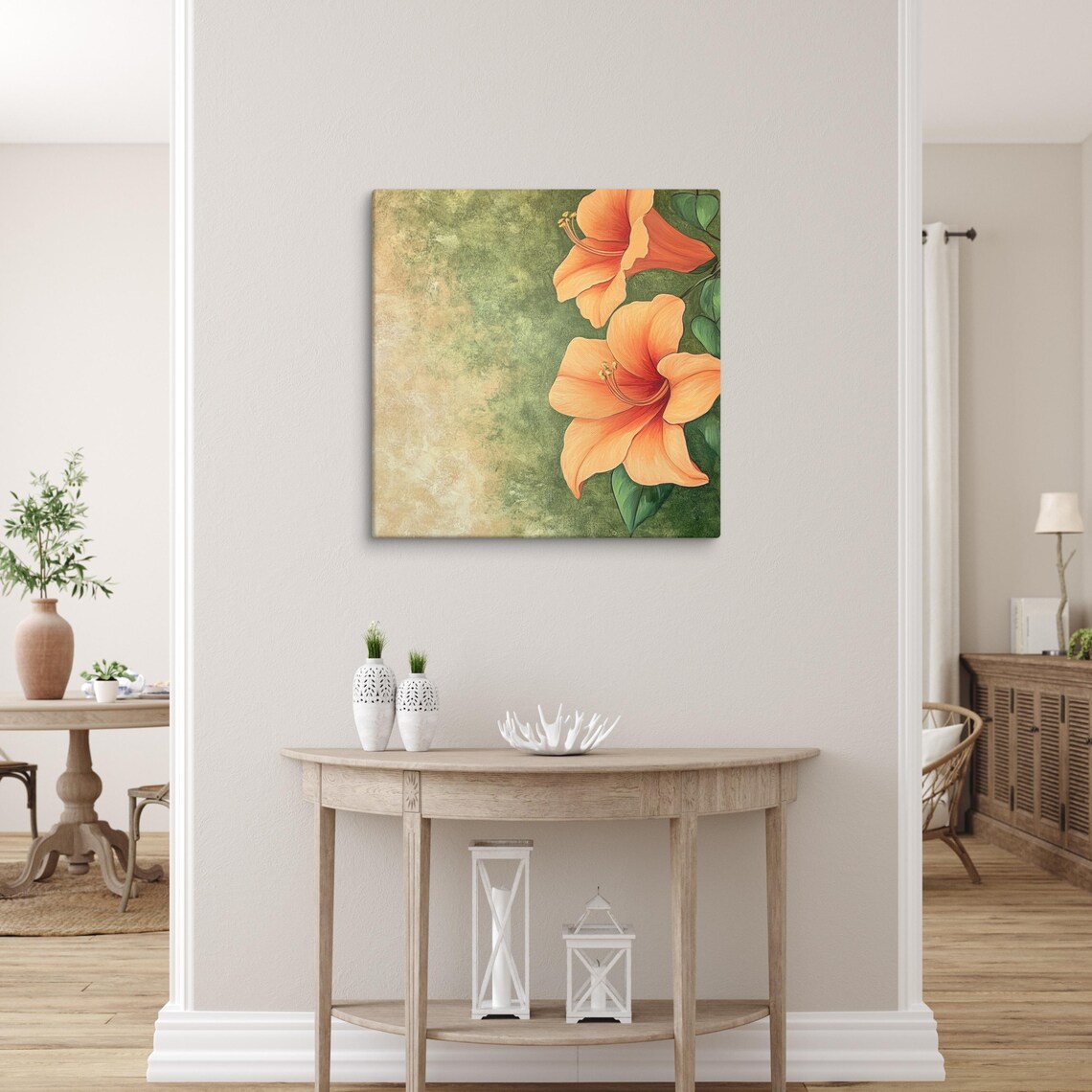 Orange Trumpet Vine Flower Painting Textured Green Gold Wall Art - Image 3