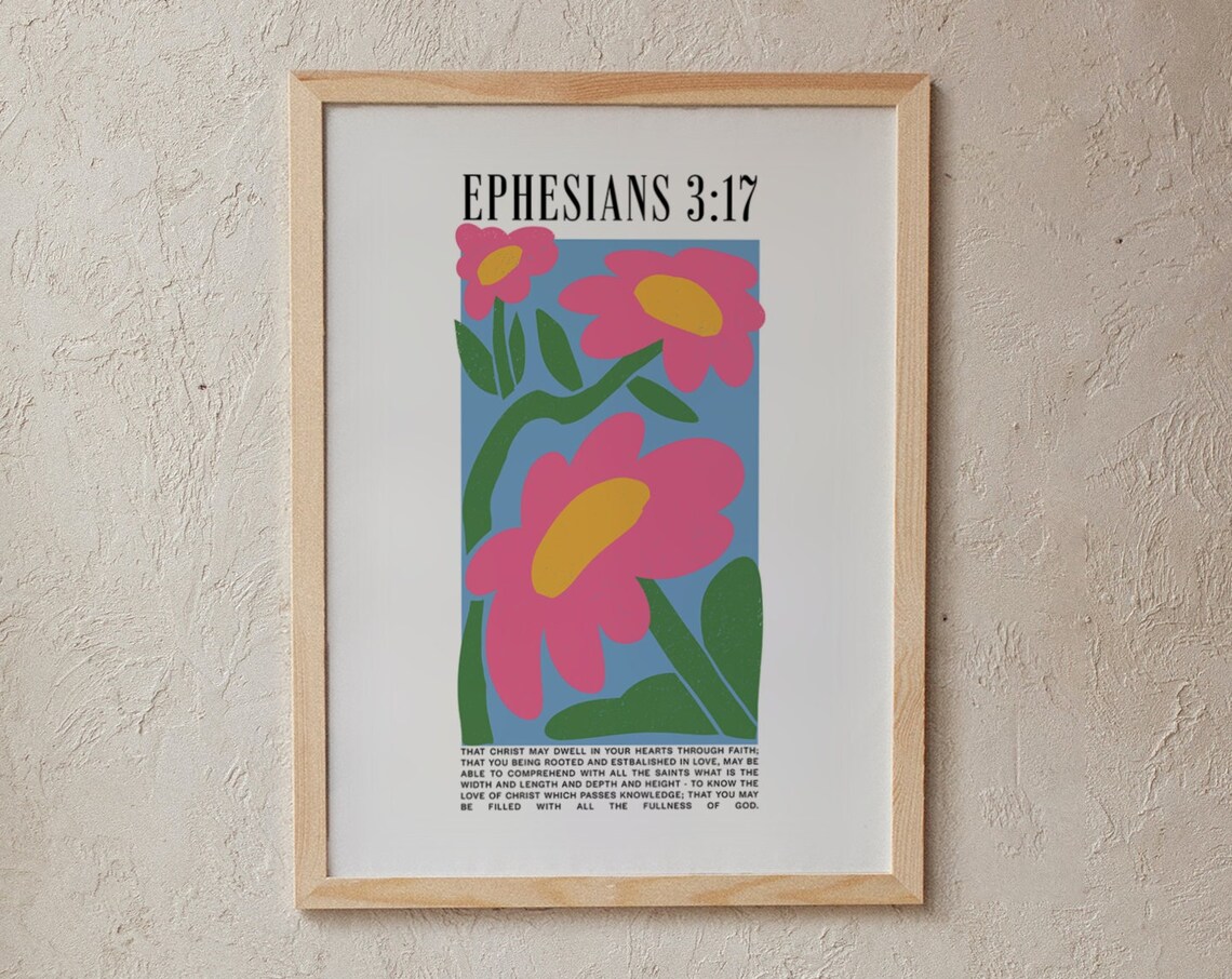 Ephesians 3 Floral Matisse Style Pink Daisy Christian Scripture Poster - Image 3