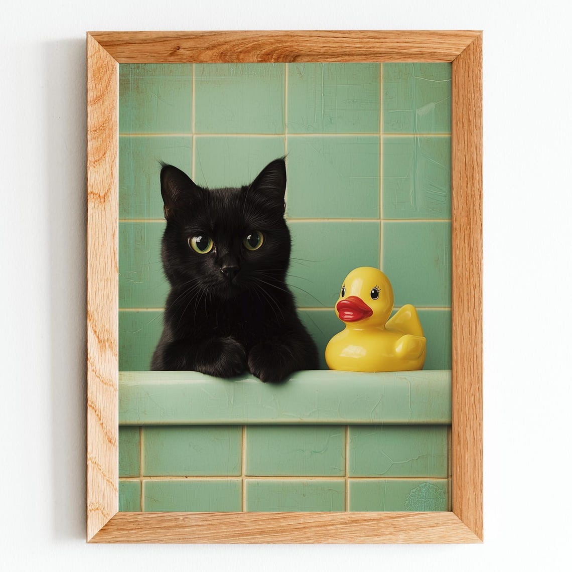Funny Black Cat Wall Art With Rubber Duck Retro Mint Bathroom Poster Vintage Print Humorous Decorprintable