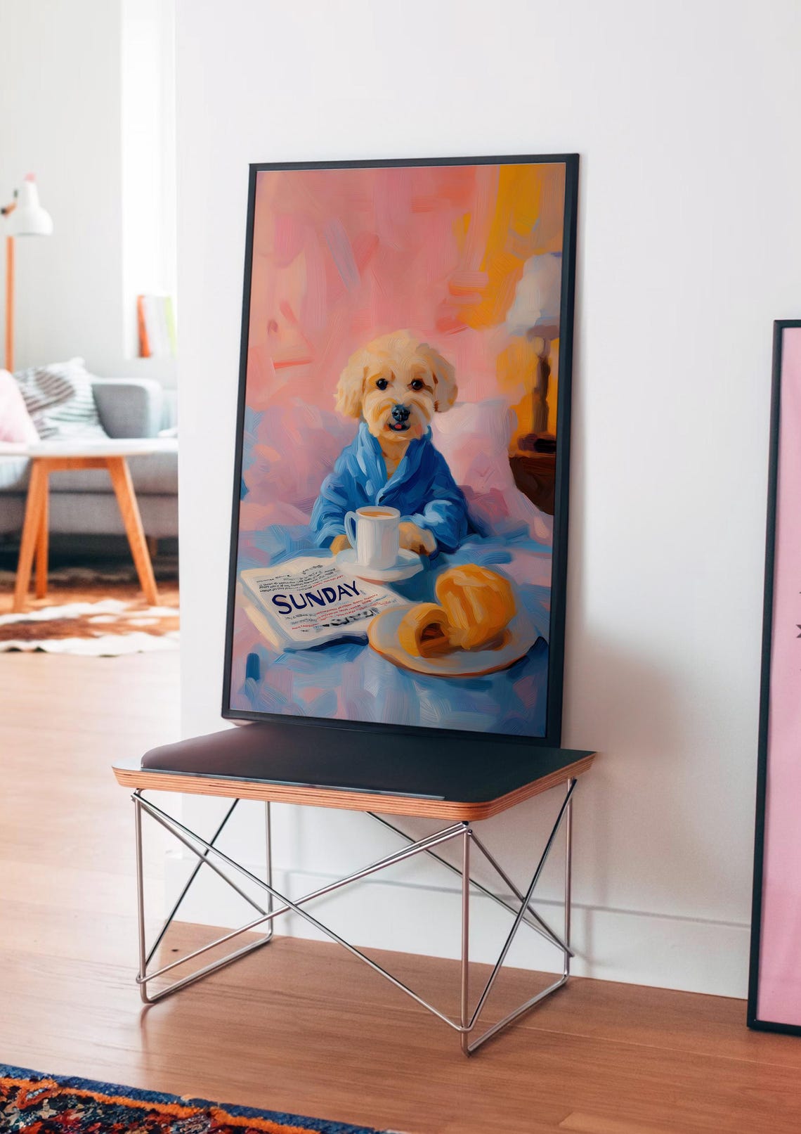 Small Dog in a Blue Robe with Sunday Newspaper and Coffee Poster - Image 4
