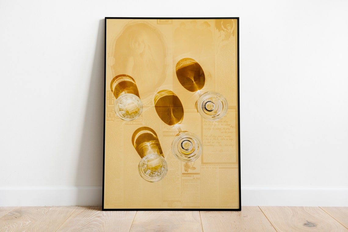 Warm Amber Wine Glass Shadows Over Vintage Newspaper Style Poster - Image 3