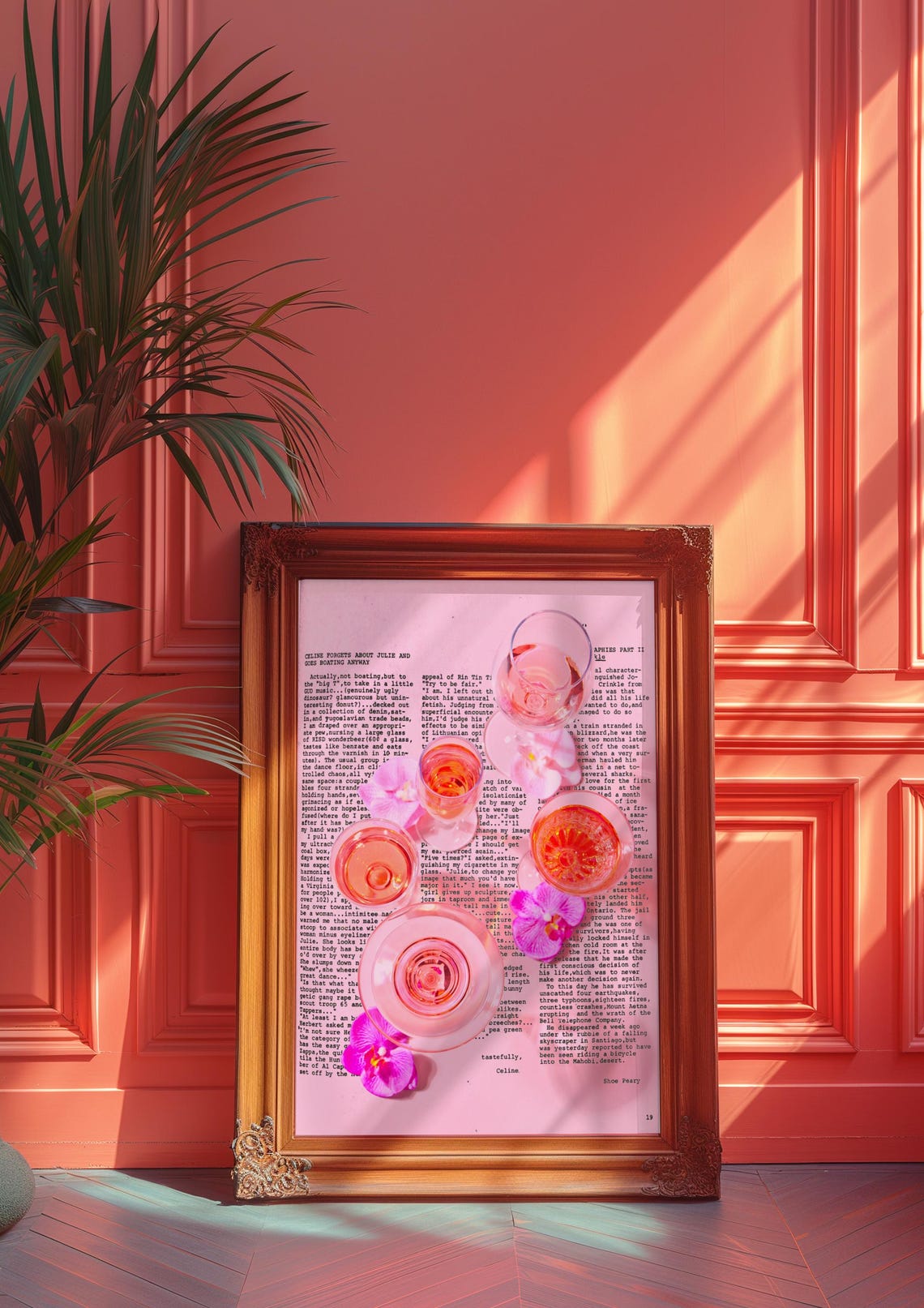 Pink Rose Cocktail Glasses Poster with Orchids on Vintage Paper - Image 4