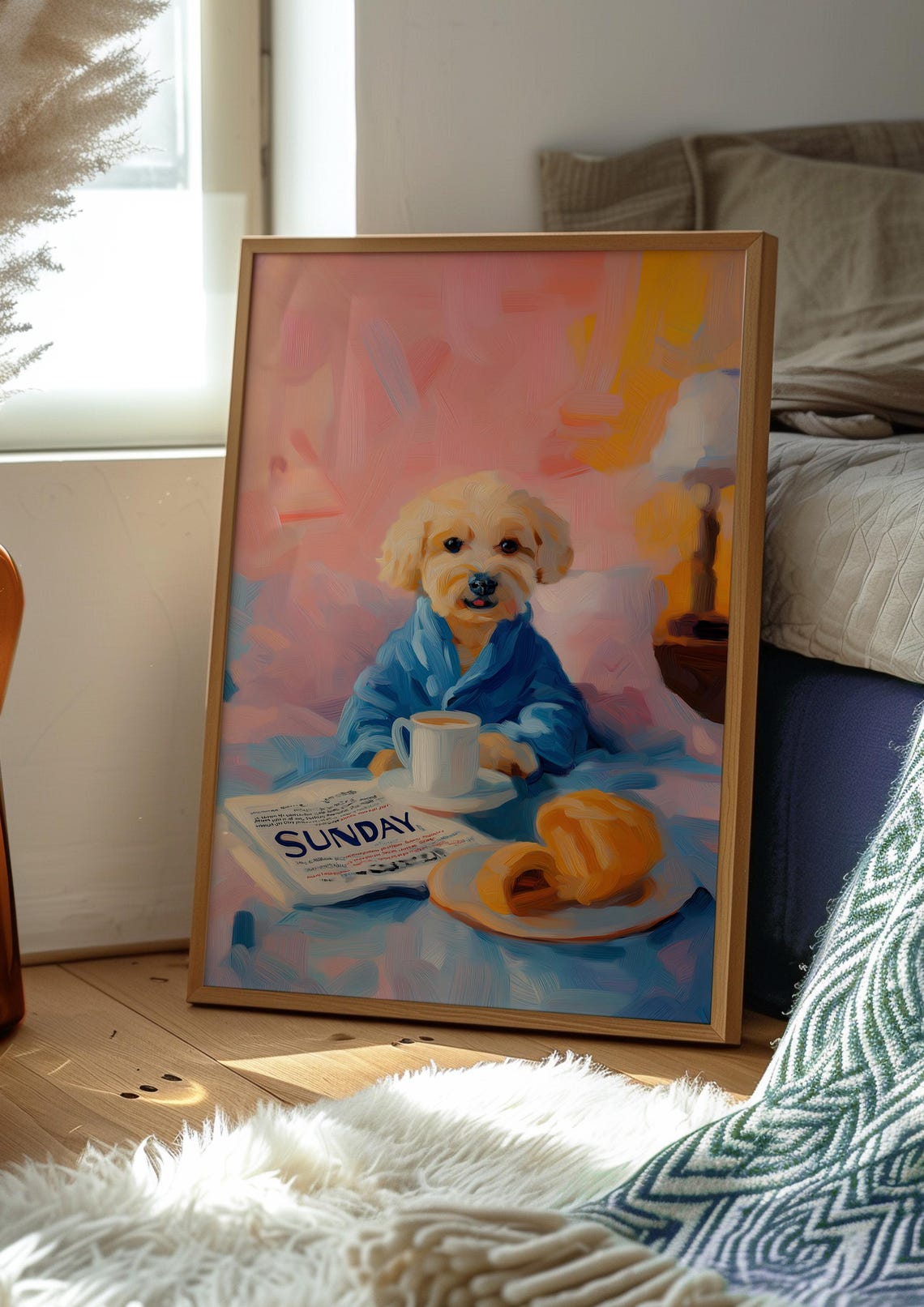 Small Dog in a Blue Robe with Sunday Newspaper and Coffee Poster - Image 2