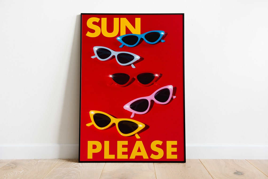 Vibrant Red SUN PLEASE Five Cat-Eye Sunglasses Summer Fun Poster - Image 3