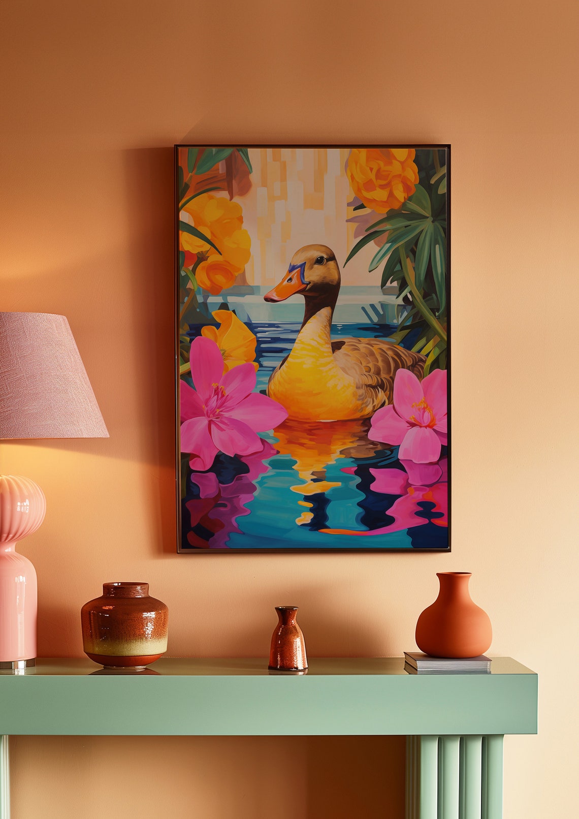 Yellow Duck Pond Pink Flowers Cute Wildlife Illustration Art Poster - Image 3