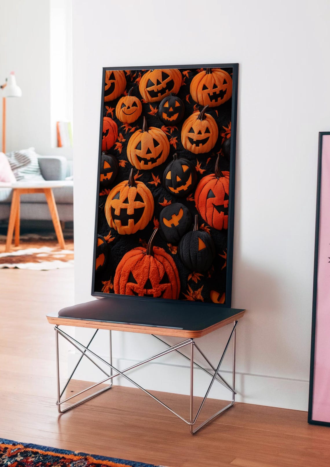 Plush Pumpkins Halloween Pattern Cozy Spooky Cute Fall Decor Poster - Image 3
