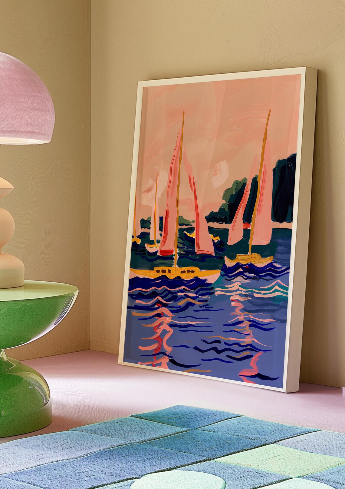 Sailboats with Pink Sails on Blue Water Regatta Scene Poster - Image 2