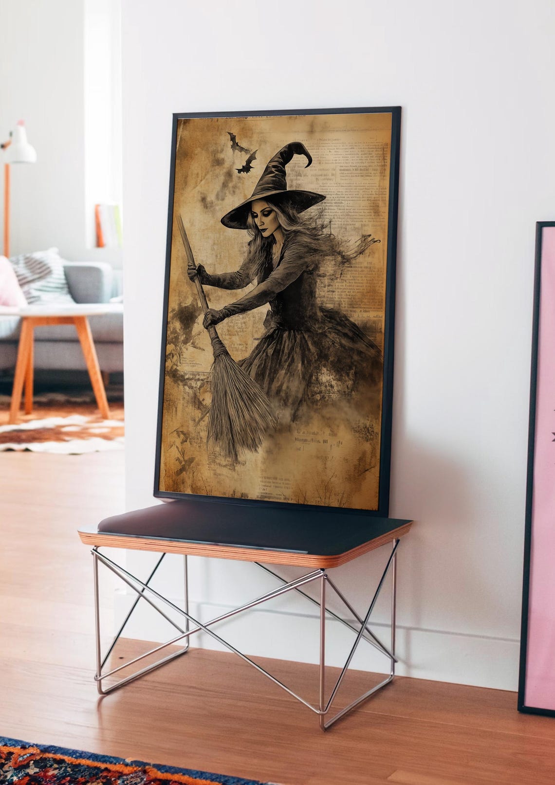 Vintage Sepia Witch with Broom and Bats Halloween Art Poster - Image 4