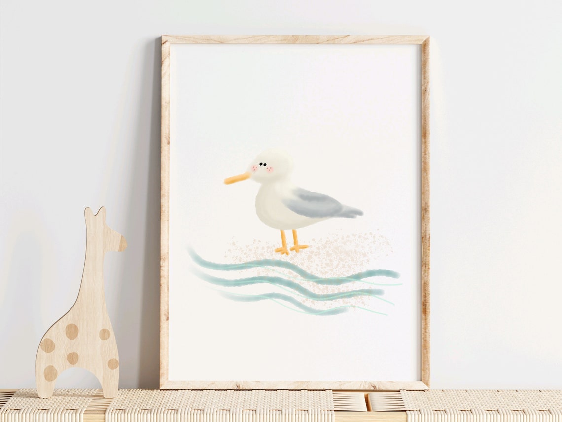 Sweet Seagull on Waves Watercolor Beach Nursery Kids Wall Art - Image 3