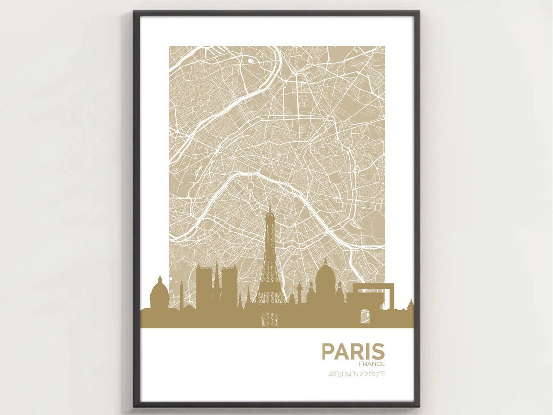 Paris France Gold City Map Skyline Silhouette Eiffel Tower Poster