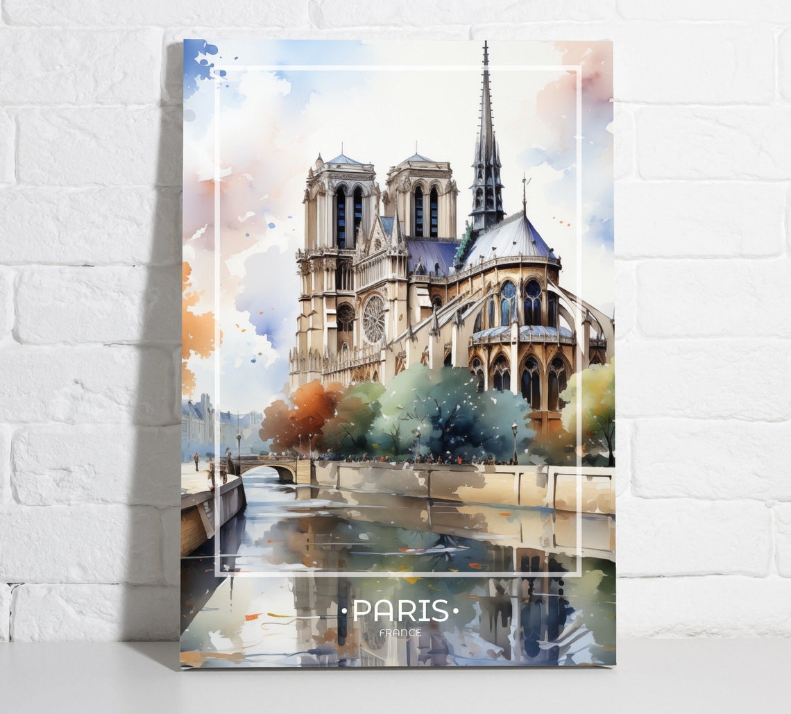 Notre Dame Riverside Watercolor Reflection Paris France Poster