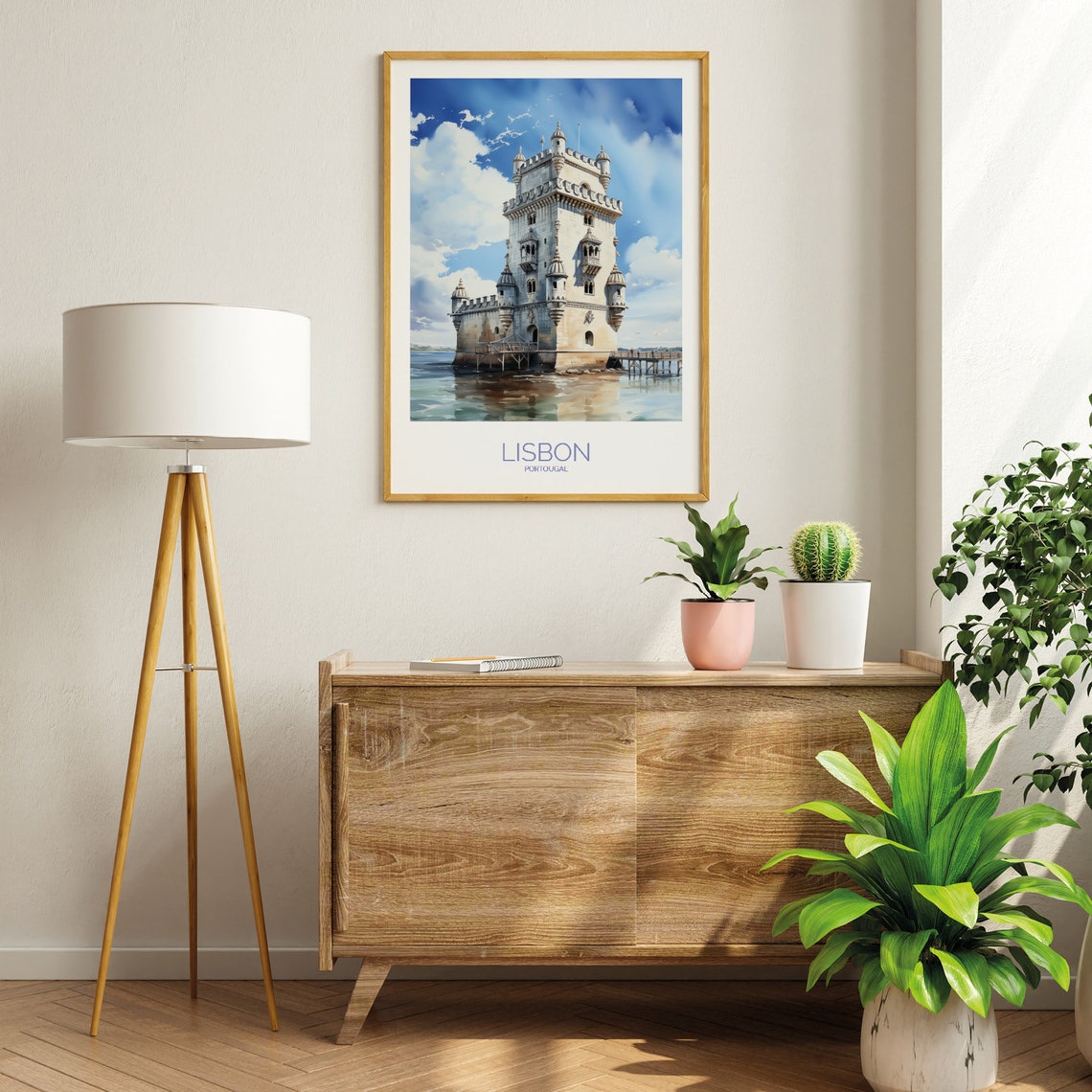 Lisbon Portugal Belem Tower Watercolor River View Cloudy Poster - Image 2