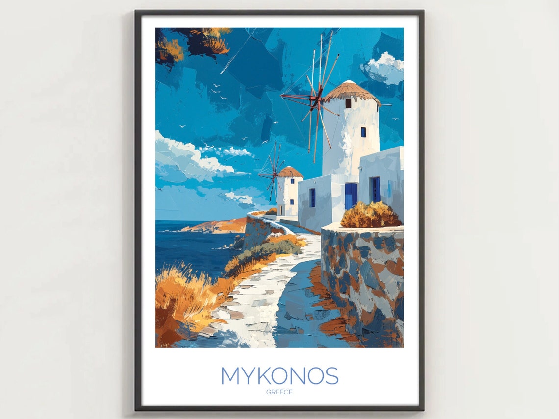 Mykonos Greece Windmills Aegean Sea Coastal Blue Skies Poster