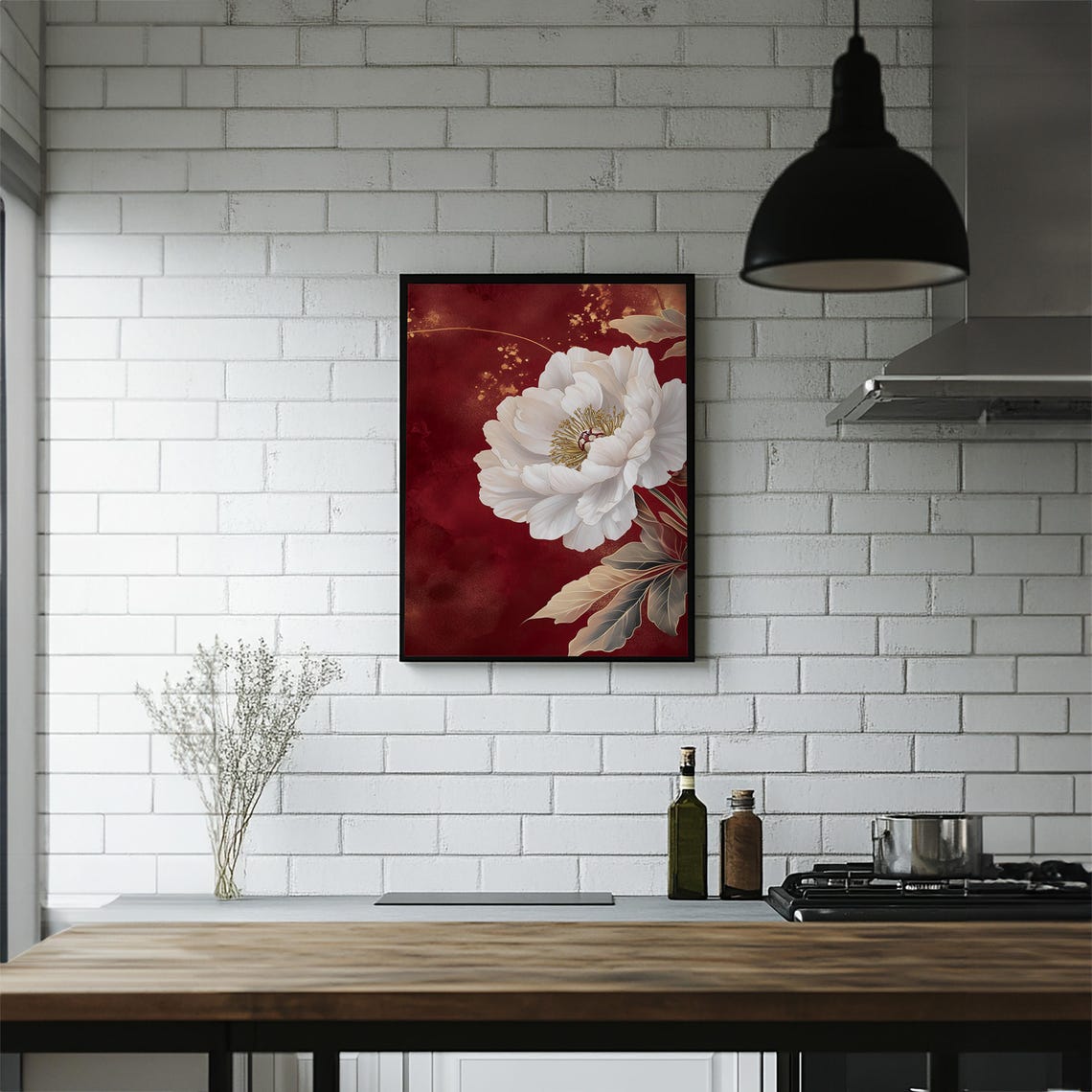 Elegant White Peony Blossom on Deep Red Floral Botanical Poster - Image 5