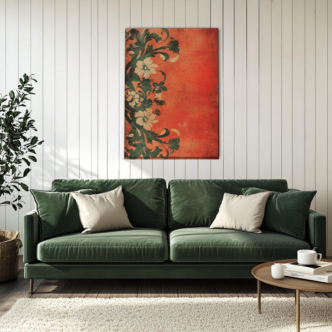 Vintage Floral Vine Ornament on Warm Red Classic Antique Art Poster - Image 4