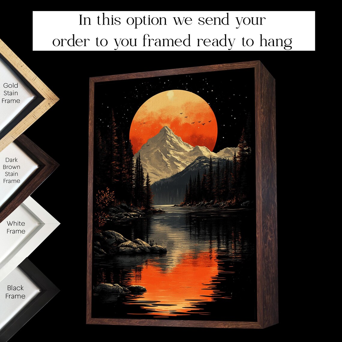 Orange Moon Over Mountain Lake Night Wilderness Landscape Poster - Image 2