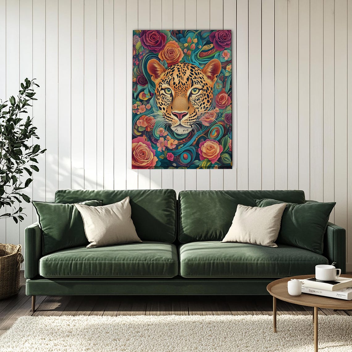 Leopard Face Surrounded by Roses Tropical Maximalist Wall Art - Image 4