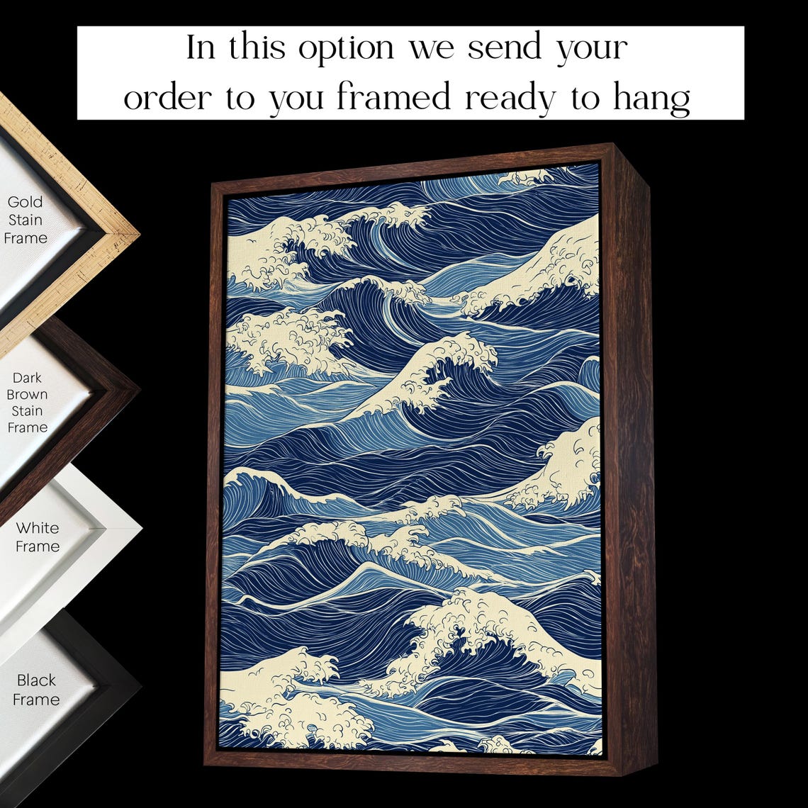 Japanese Blue Ocean Wave Pattern Traditional Ukiyo Inspired Wall Art - Image 3