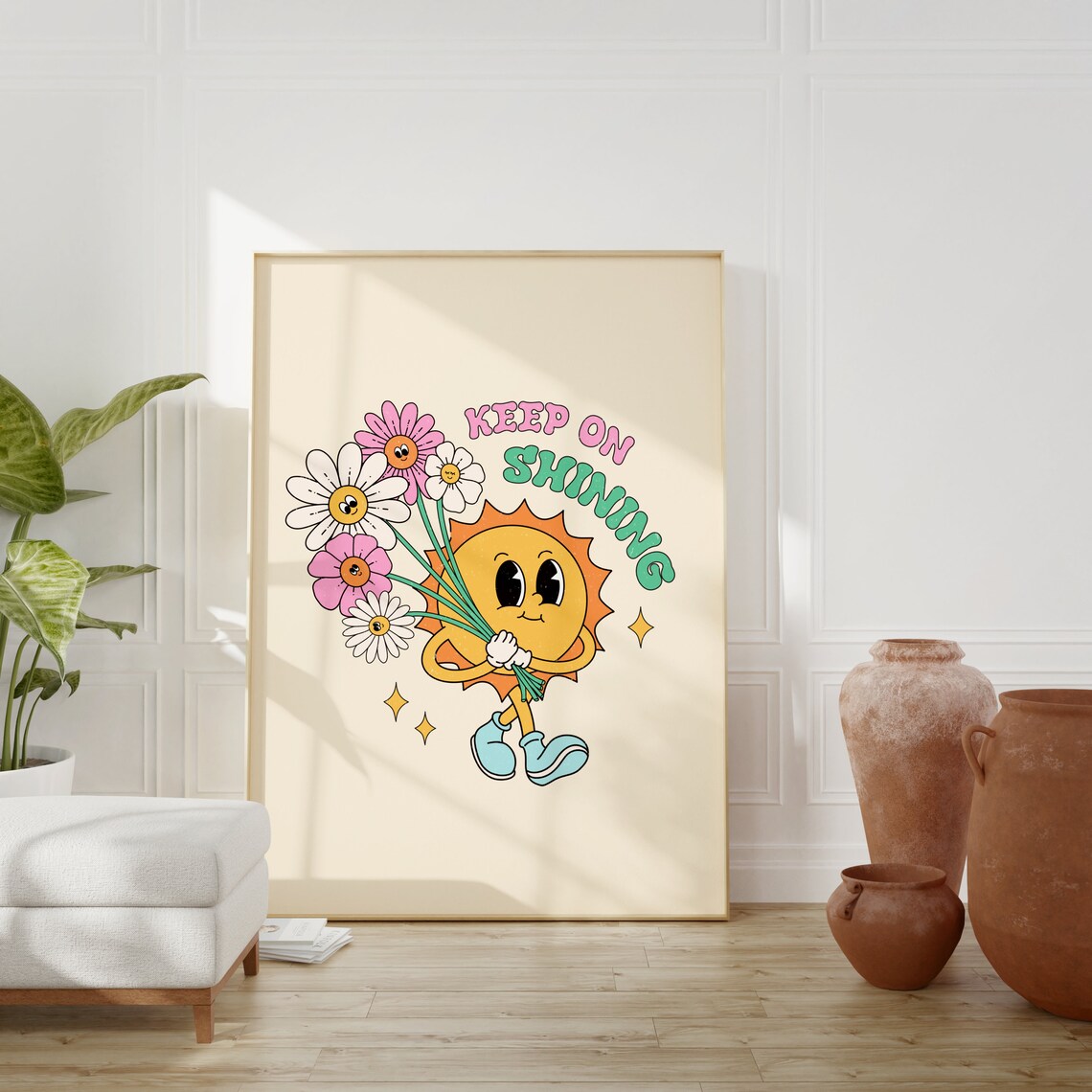 Cute Cartoon Sun Bouquet Keep On Shining Retro Quote Art Poster - Image 2