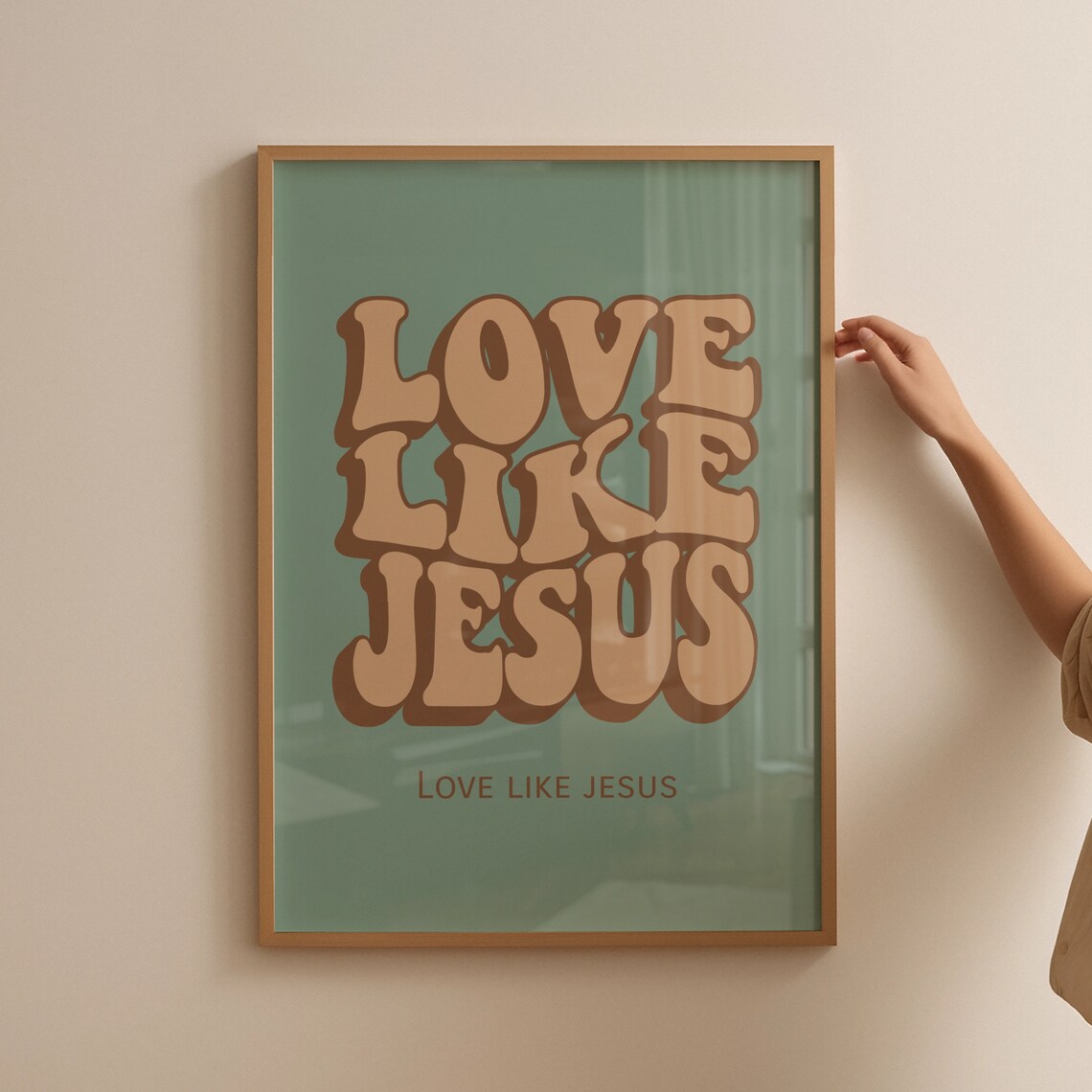 Groovy 70s Style Sage Green Love Like Jesus Typography Art Poster - Image 4