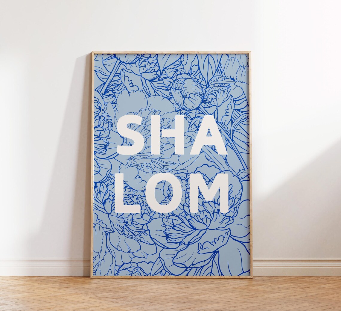 Shalom White Lettering Blue Peony Floral Line Art Christian Poster - Image 4