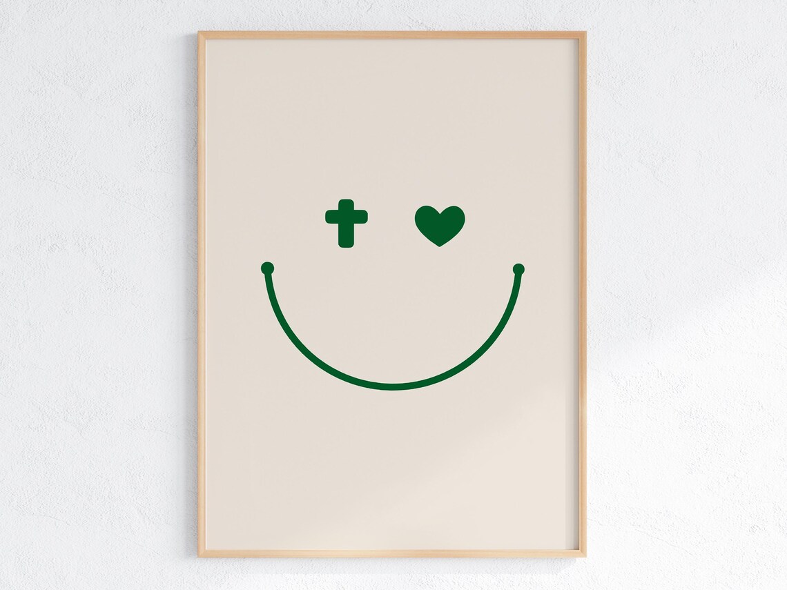 Cross And Heart Smiley Face Minimalist Green Christian Poster - Image 2