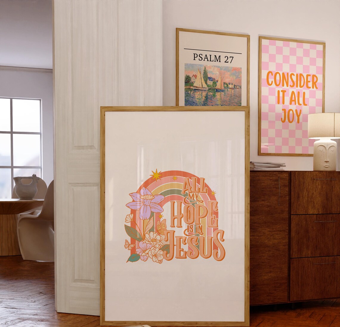 All My Hope Is In Jesus Retro Rainbow Arch Floral Quote Poster - Image 4