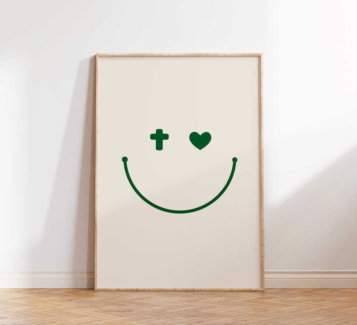 Cross And Heart Smiley Face Minimalist Green Christian Poster