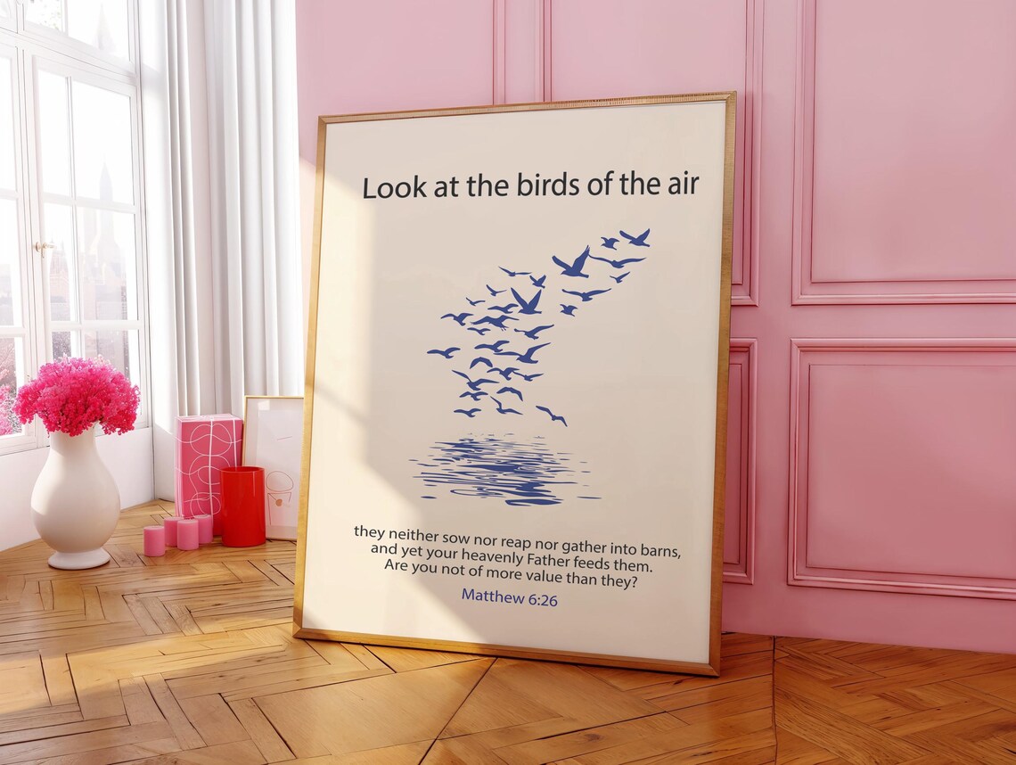 Navy Bird Flock Over Water Matthew 6 Verse 26 Scripture Art Poster - Image 2