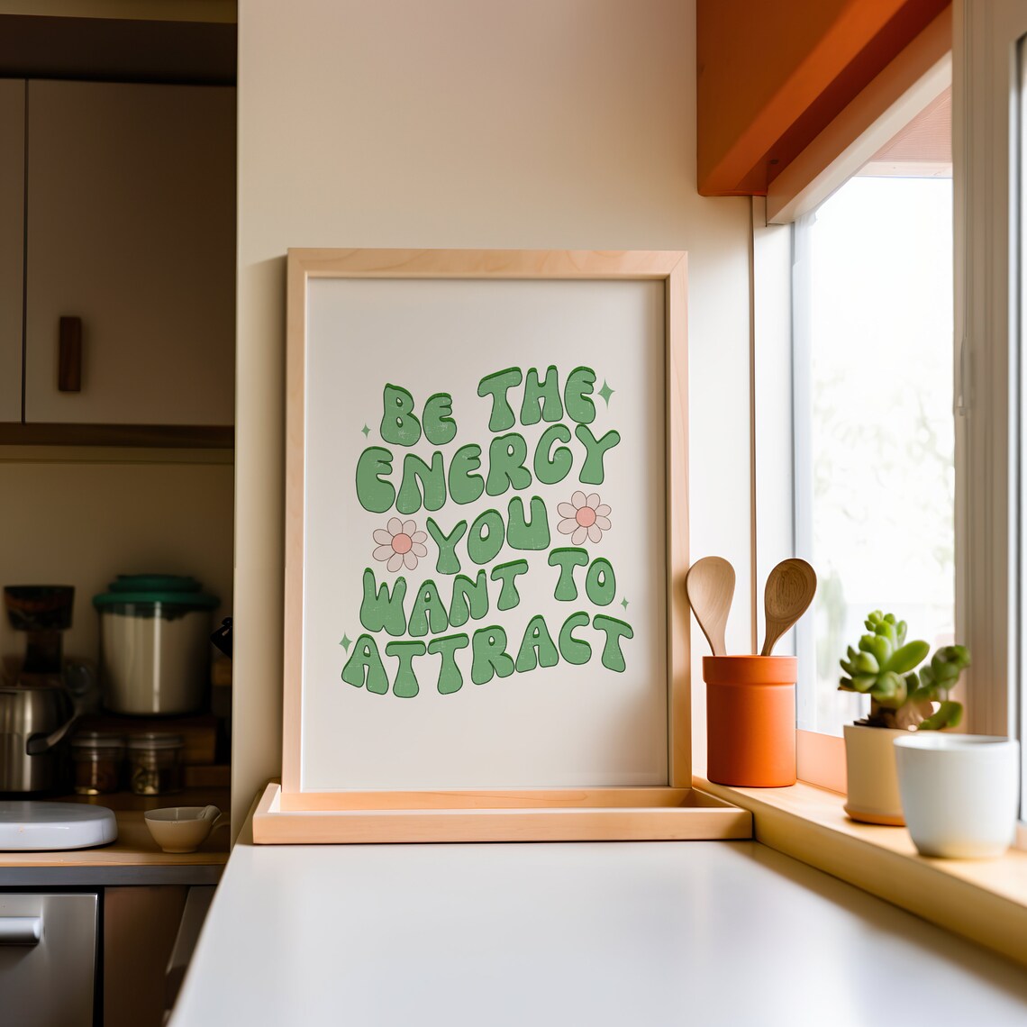 Be the Energy You Want to Attract Green Groovy Daisy Wall Poster - Image 3