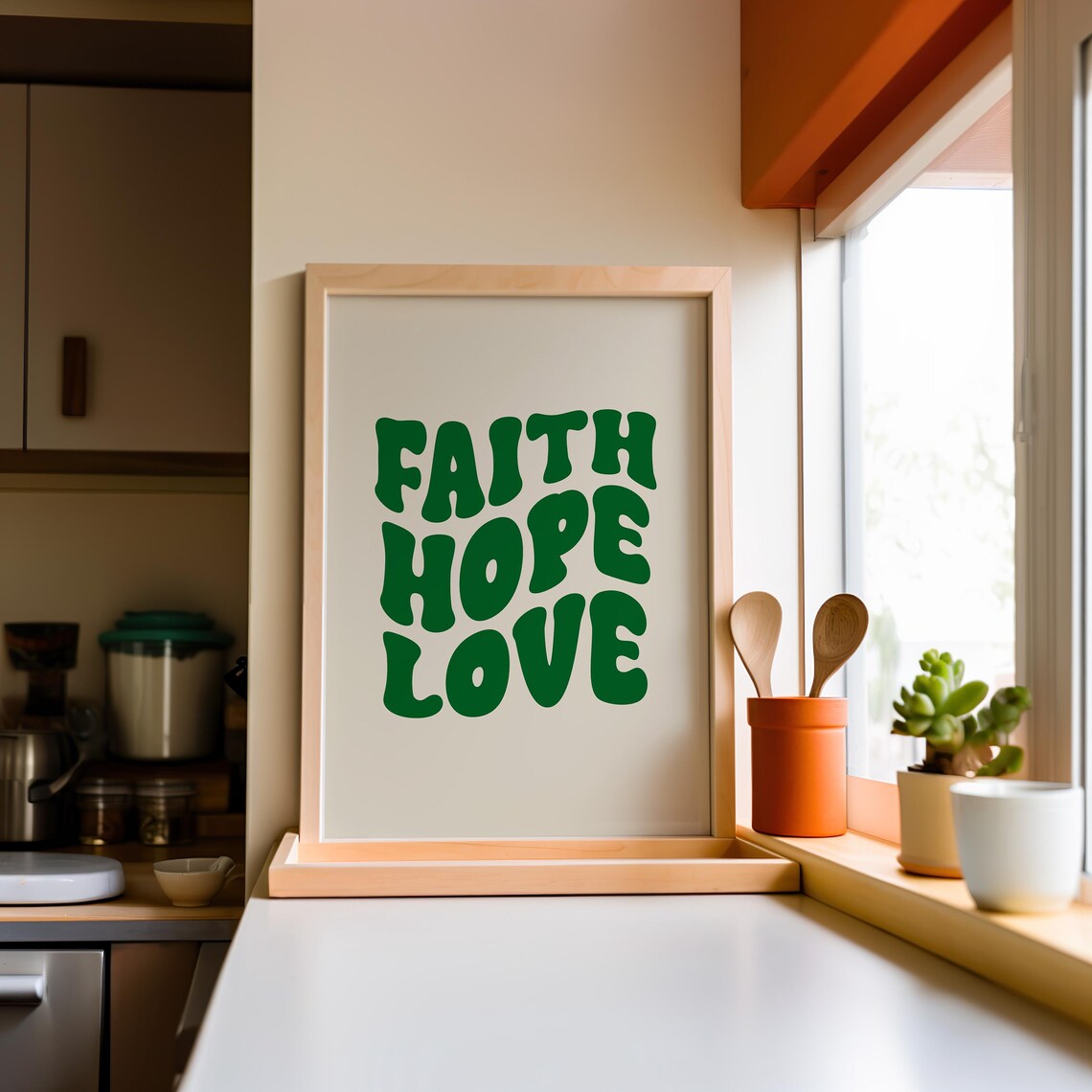 Faith Hope Love Green Groovy Lettering Christian Inspirational Poster - Image 3