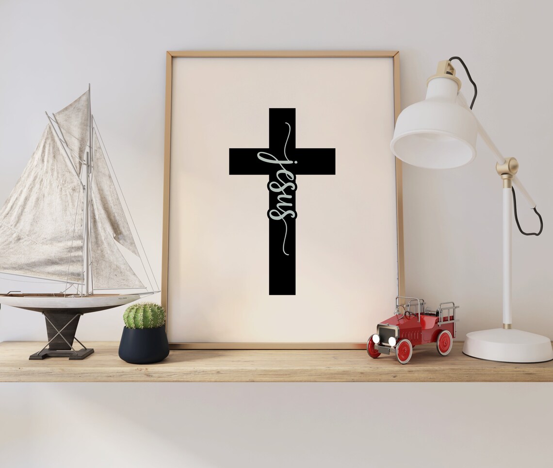 Jesus Black Cross Cream Script Minimalist Christian Faith Poster - Image 3