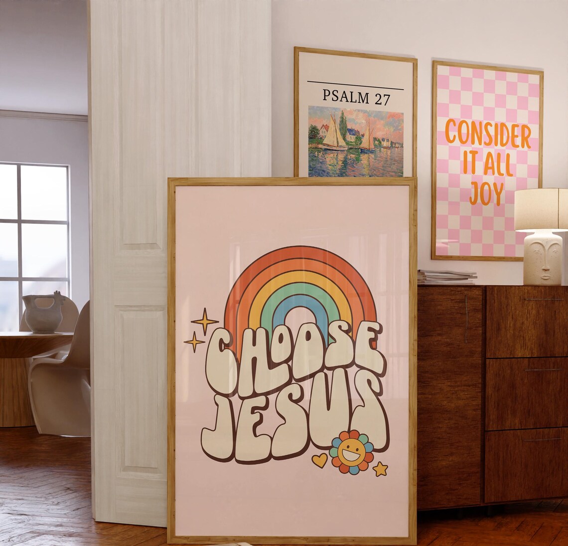 Groovy Rainbow Choose Jesus Retro Daisy Christian Scripture Poster - Image 3