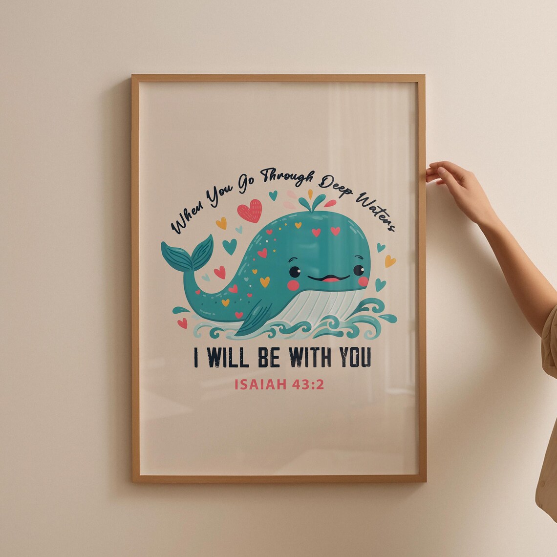 Isaiah 43:2 Deep Waters Cute Whale Hearts Nursery Faith Poster - Image 2