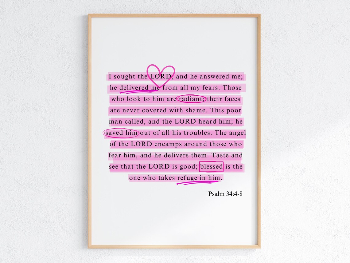 Pink Highlighted Text Psalm 34 Verses 4 to 8 Scripture Art Poster - Image 3