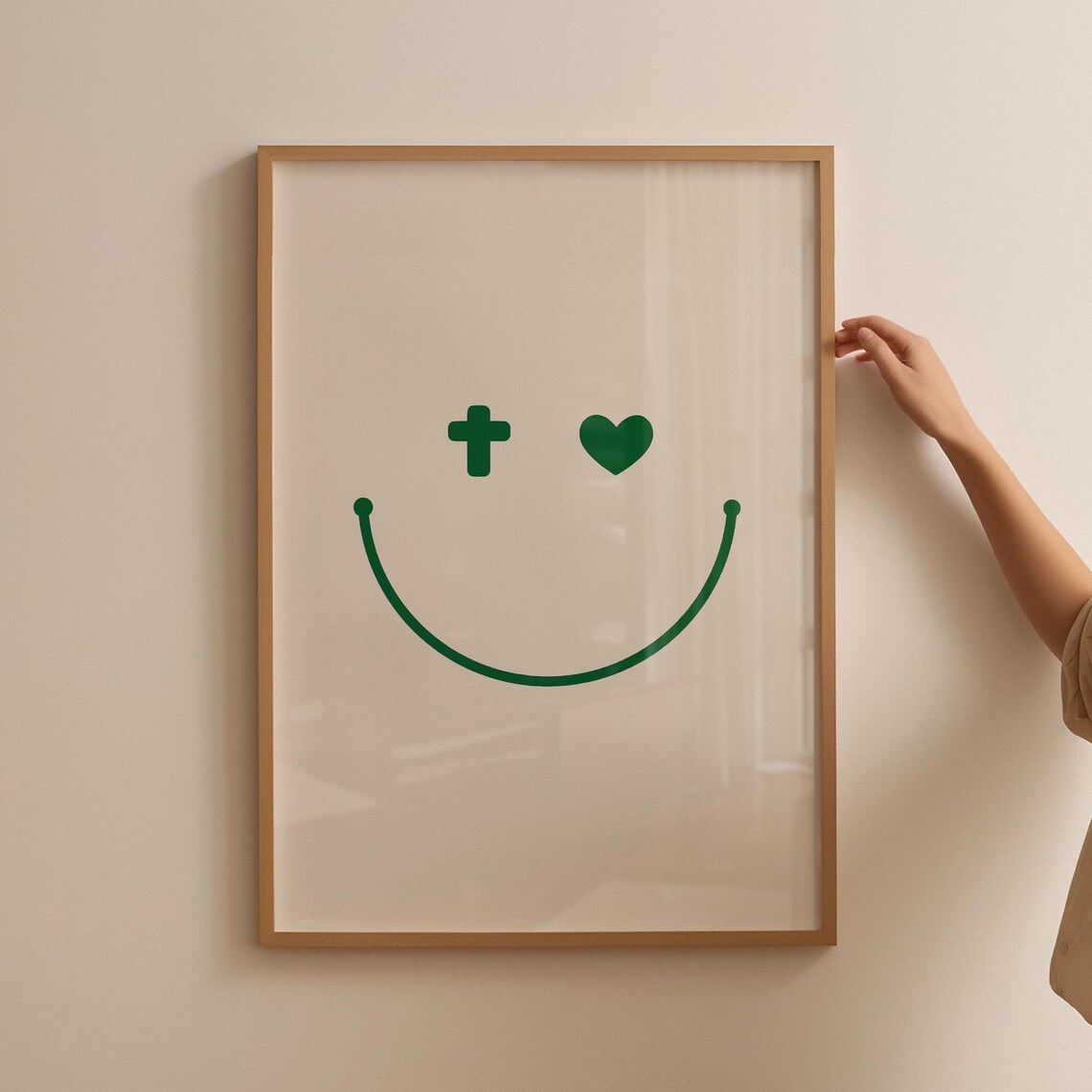 Cross And Heart Smiley Face Minimalist Green Christian Poster - Image 3