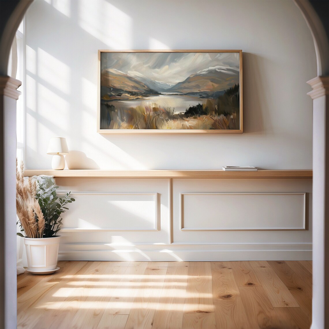 Misty Mountain Lake Valley Golden Grass Landscape Oil Painting Poster - Image 2