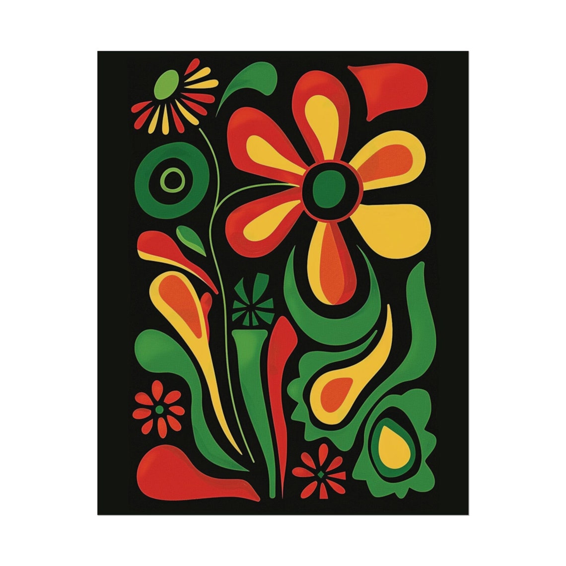 Bold Folk Floral Art Black Background Modern Matisse Style Wall Poster - Image 2