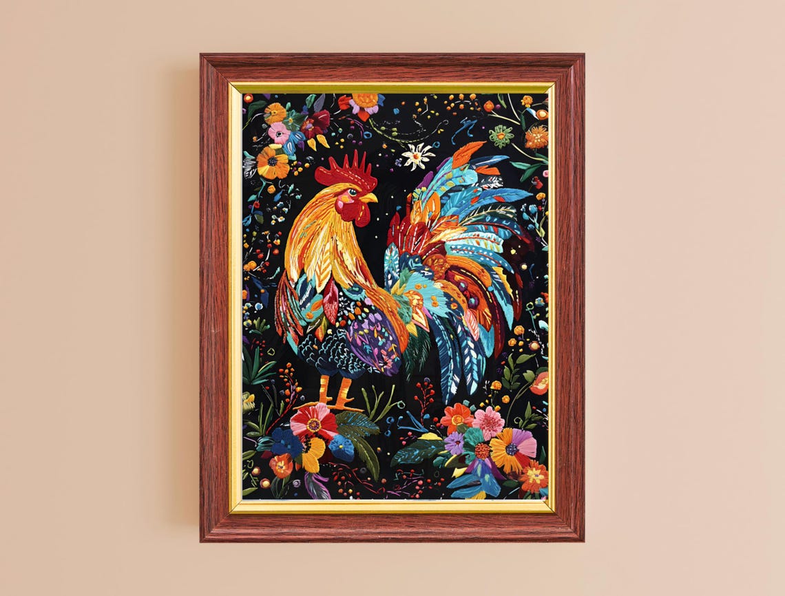 Proud Colorful Rooster Rainbow Tail Feathers Floral Dark Art Print - Image 2
