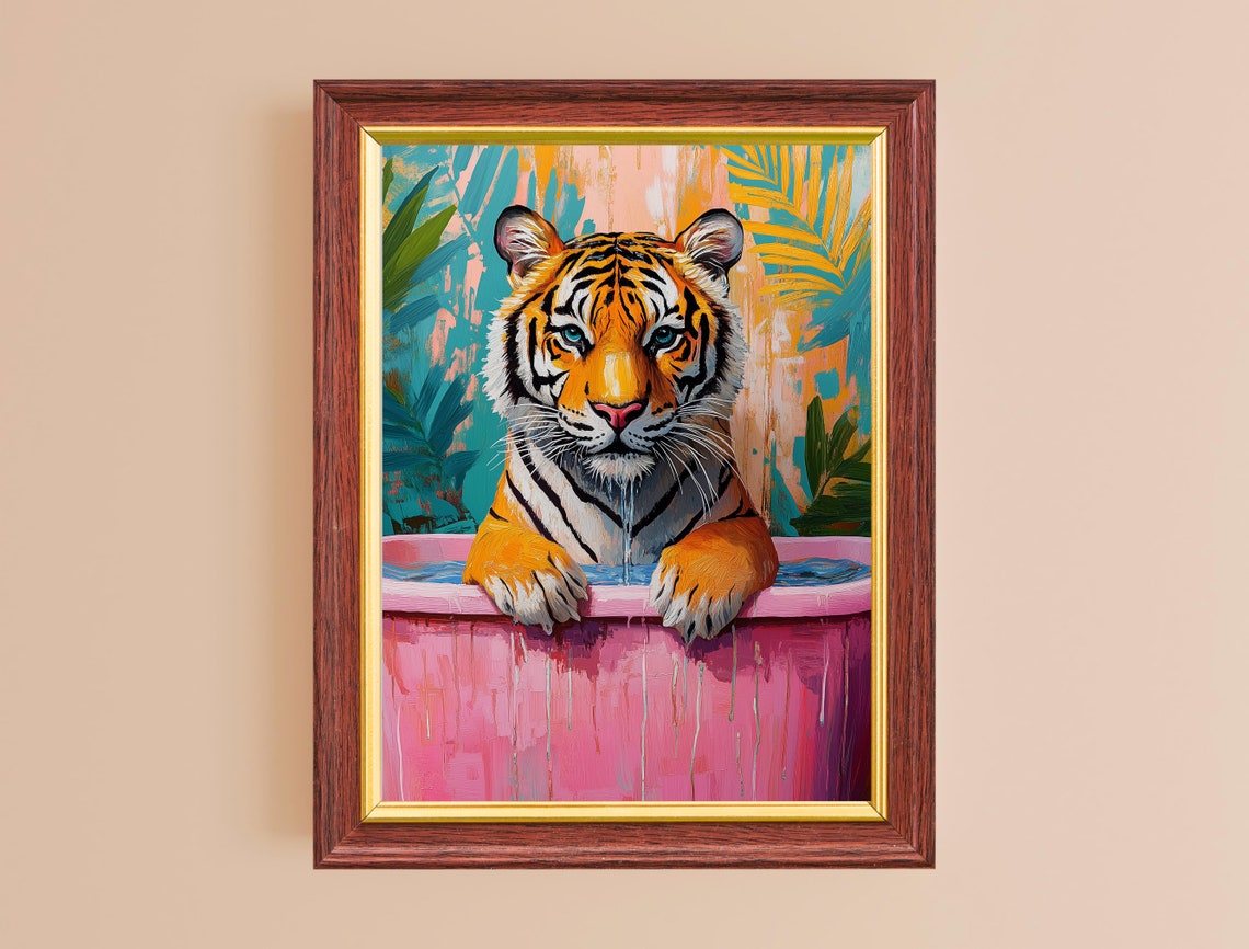 Tiger Cub Pink Bathtub Tropical Background Funny Cute Poster