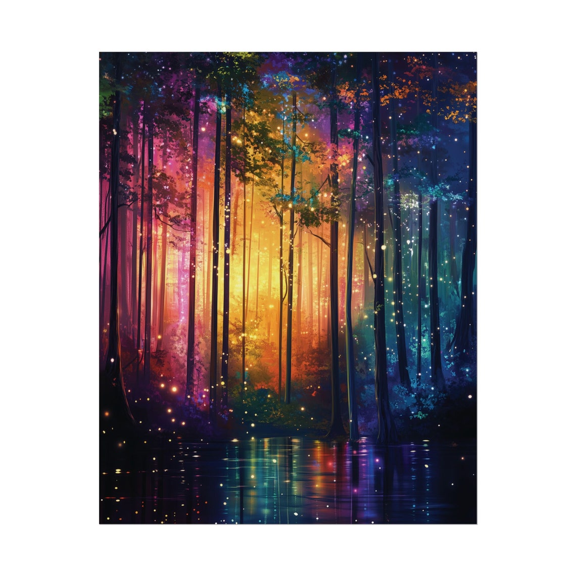 Rainbow Neon Forest Starry Sky Reflection Magical Trees Art Poster - Image 2