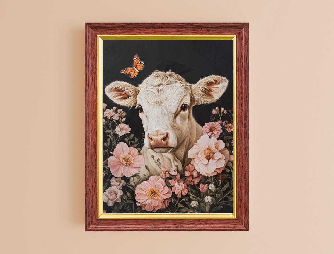 White Calf Pink Flowers Monarch Butterfly Black Farm Art Poster - Image 2