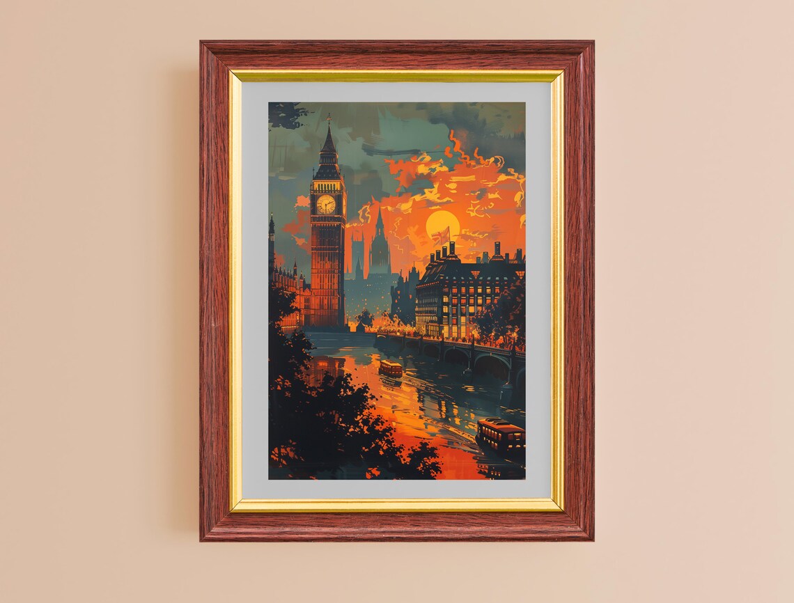 Big Ben London Sunset Thames River Retro Vintage City Travel Poster