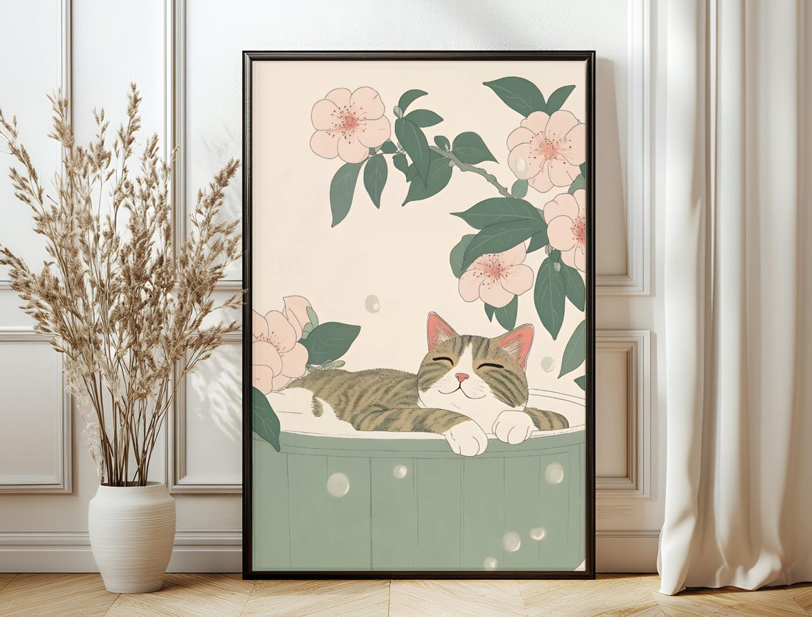 Cat Poster Japandi Art Minimalist Tabby Cat Print Japanese Bathroom Wall Decor Gift Cute Cat Wall Art