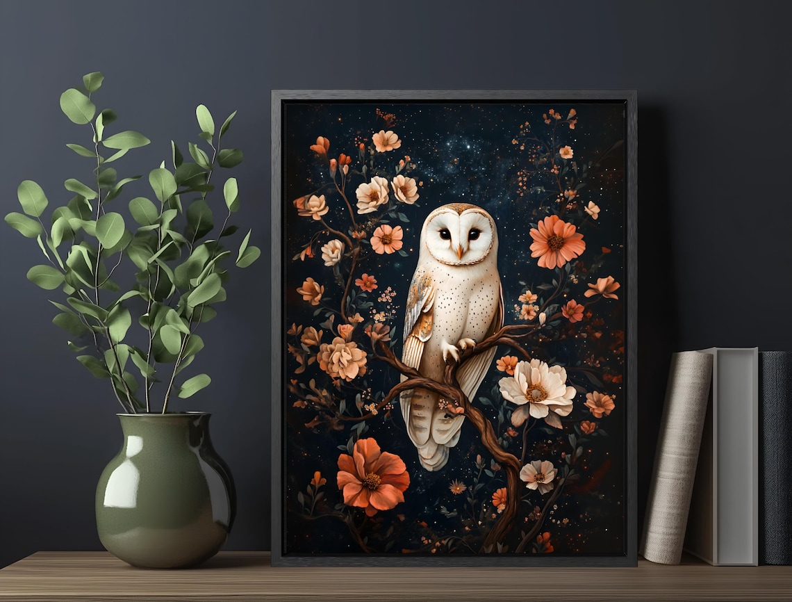 Barn Owl On Branch Starry Night Moody Floral Vintage Dark Art Print - Image 5