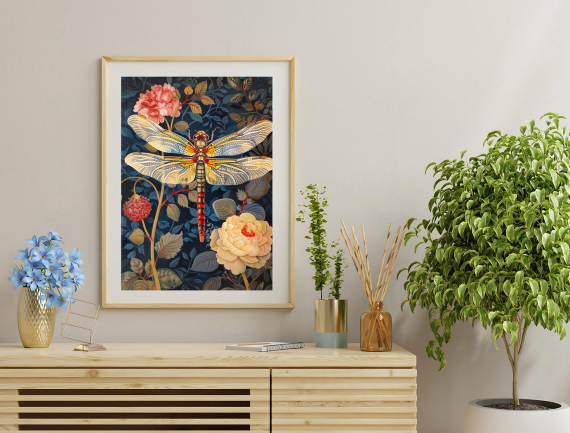 Dragonfly Botanical Art Print William Morris Style Dark Floral Poster - Image 3